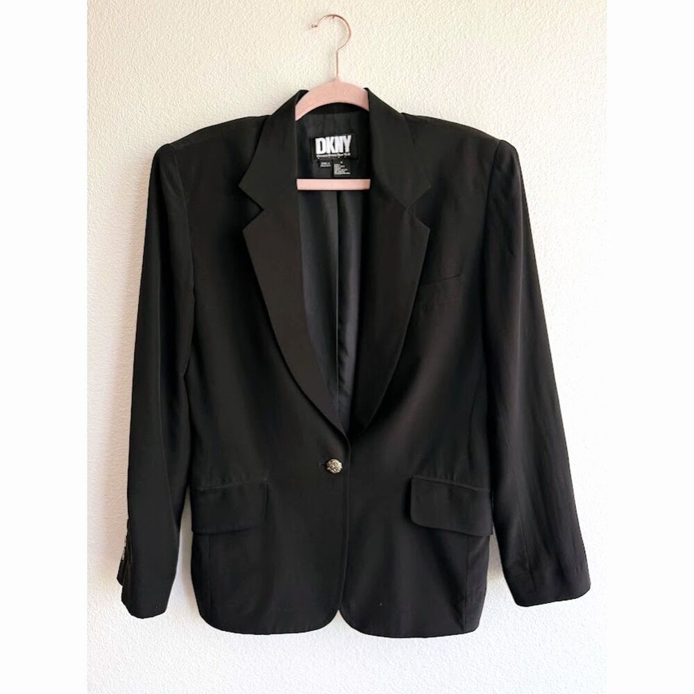 Vintage DKNY 100% Silk Notch Collar Blazer in Black with Gold Button size 4